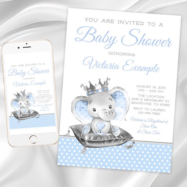 Elephant Prince Boy Baby Shower Invitation (Boy elephant prince baby shower invitation. Instant download and printed invitations available.)