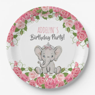 Elephant Princess Tiara Pink Little Girl Birthday Paper Plate