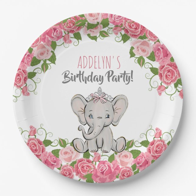 Elephant Princess Tiara Pink Little Girl Birthday Paper Plate (Front)