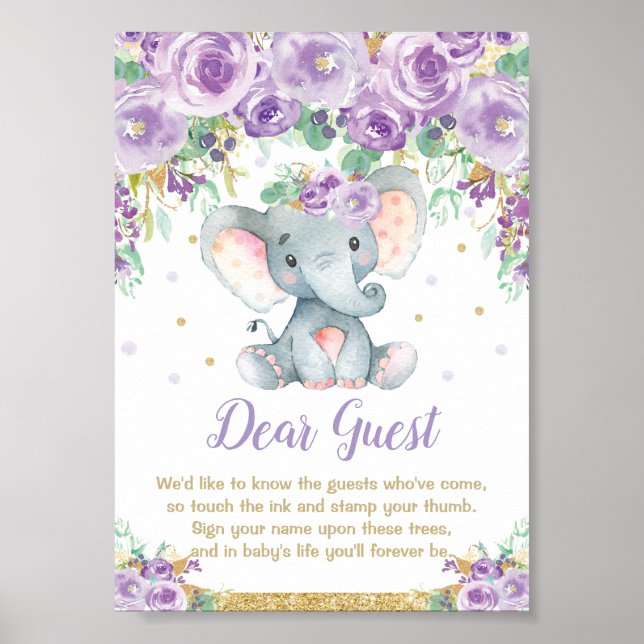 Elephant Purple Baby Shower Thumbprint Guestbook (Front)