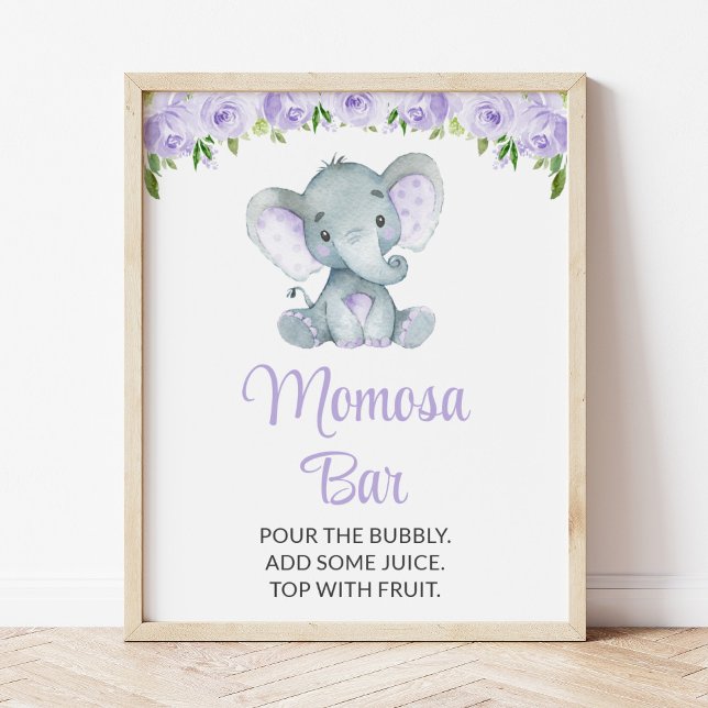 Elephant, Purple Flowers, Baby Shower Momosa Bar Poster (Creator Uploaded)