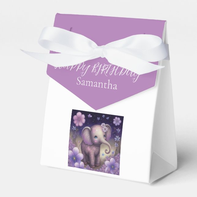 Elephant Purple flowers Birthday Favour Box (Front Side)