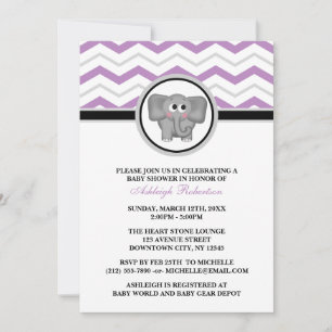 Elephant Purple Grey Chevron Baby Shower Invitation