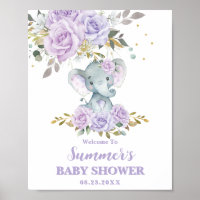 Elephant Purple Lilac Floral Baby Shower Welcome