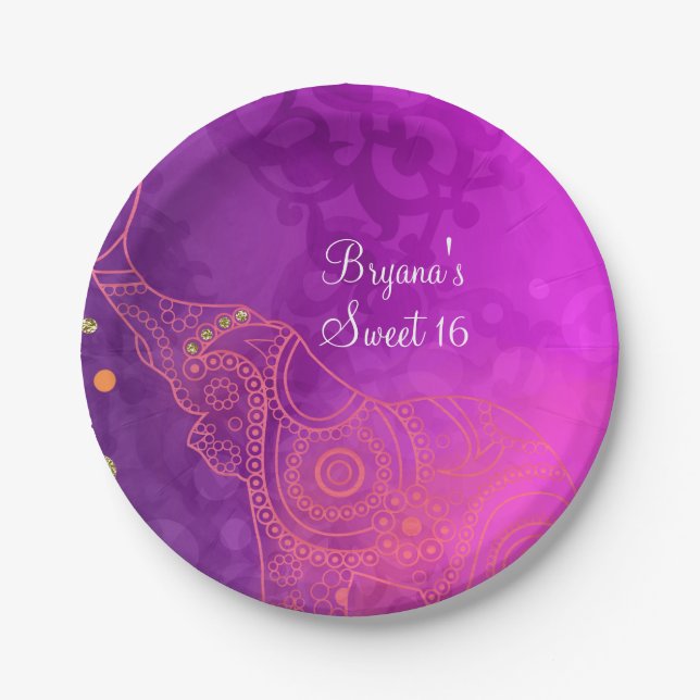 Elephant Purple Pink Orange & Gold Custom Party Paper Plate (Front)