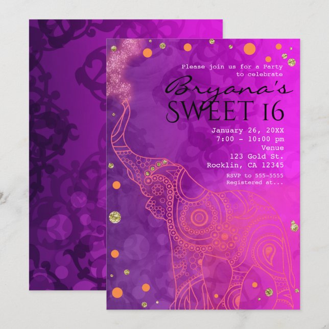 Elephant Purple Pink Orange & Gold Invitations (Front/Back)