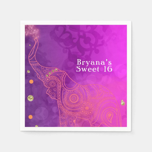 Elephant Purple Pink Orange & Gold Party Custom Napkin (Front)