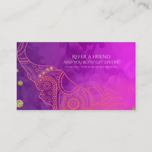Elephant Purple Pink Orange & Gold Refer a Friend Referral Card (Front)