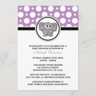 Elephant Purple Polka Dot Baby Shower Invitations