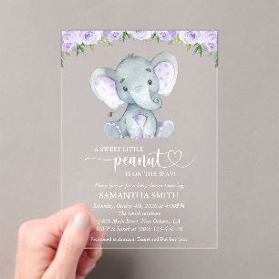 Elephant, Purple Watercolor Flowers, Baby Shower Acrylic Invitations