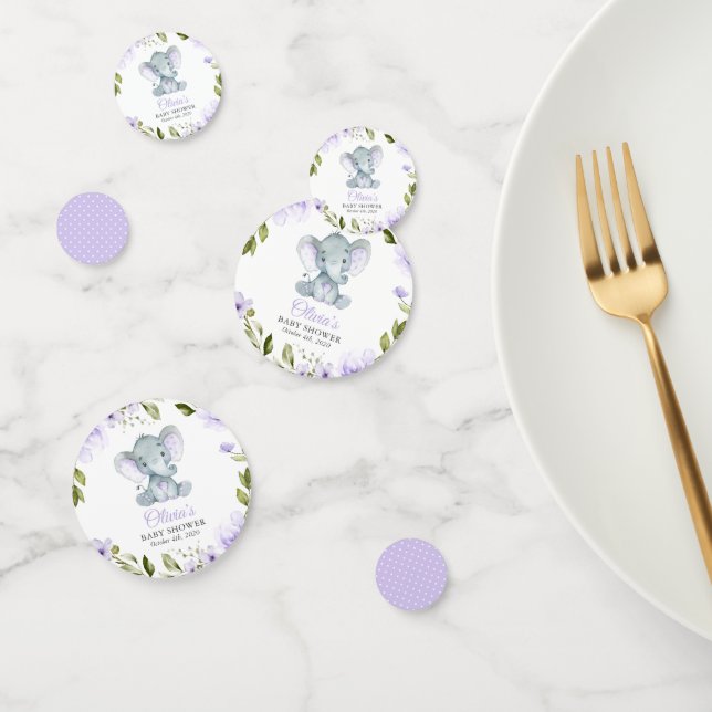 Elephant, Purple Watercolor Flowers, Baby Shower Confetti (Group)