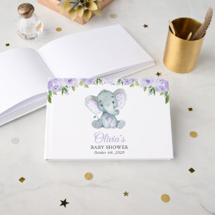 Elephant, Purple Watercolor Flowers, Baby Shower Guest Book