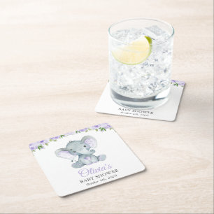 Elephant, Purple Watercolor Flowers, Baby Shower Square Paper Coaster