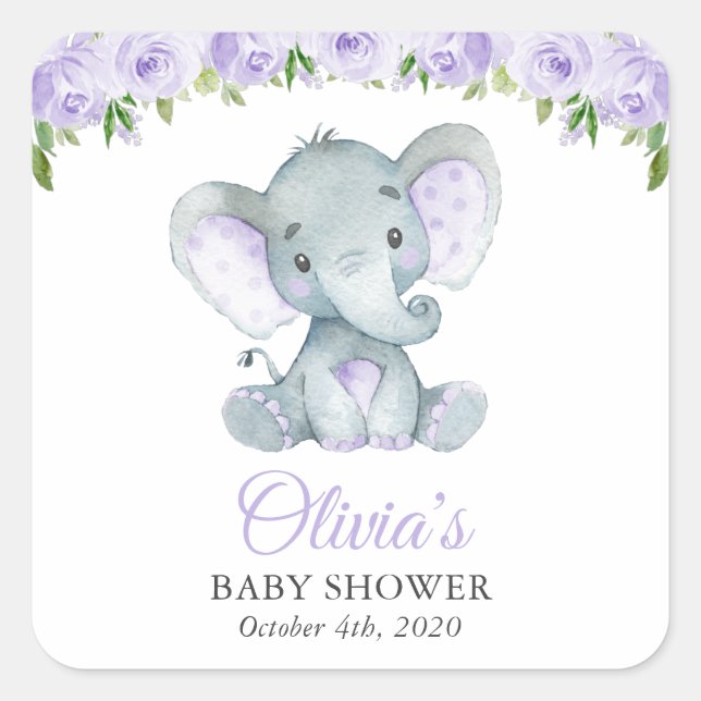 Elephant, Purple Watercolor Flowers, Baby Shower Square Sticker (Front)