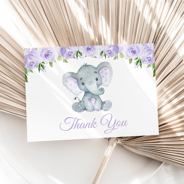 Elephant, Purple Watercolor Flowers, Baby Shower Thank You Card (Creator Uploaded)