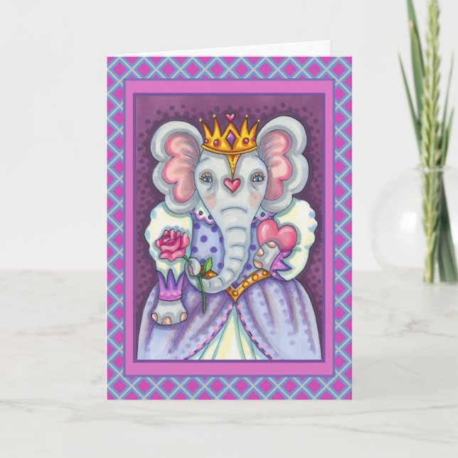 ELEPHANT QUEEN OF HEARTS AND ROSES ROYAL VALENTINE HOLIDAY CARD (Front)