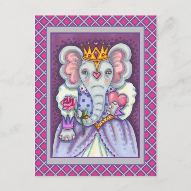 ELEPHANT QUEEN OF HEARTS AND ROSES ROYAL VALENTINE HOLIDAY POSTCARD (Front)