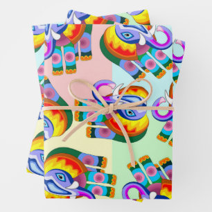 Elephant Rainbow Colours Patchwork Wrapping Paper Sheet