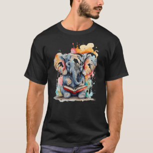 Elephant Reading Book Funny Animal Art Print Graph T-Shirt
