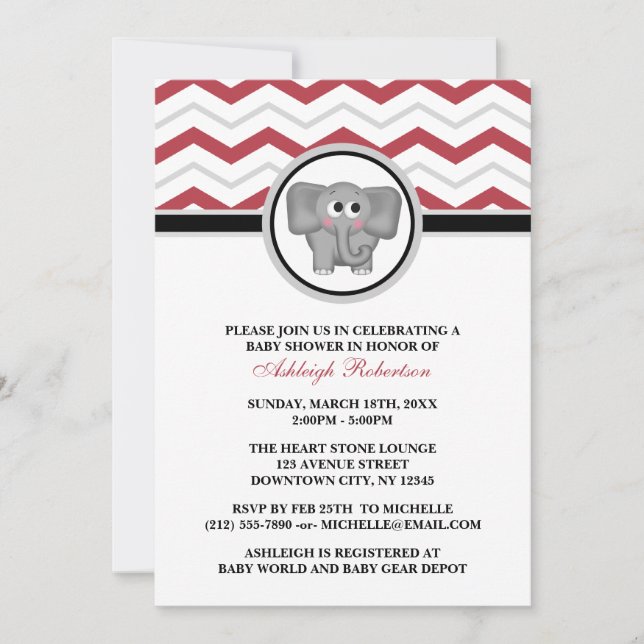 Elephant Red Grey Chevron Baby Shower Invitations (Front)