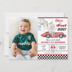 Elephant Red Race Car Fast One 1st First Birthday  Invitation