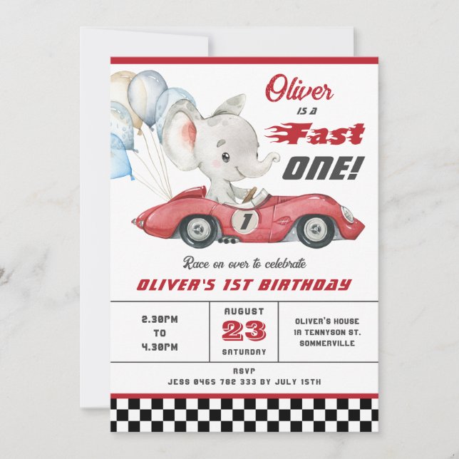 Elephant Red Race Car Fast One 1st First Birthday  Invitation (Front)