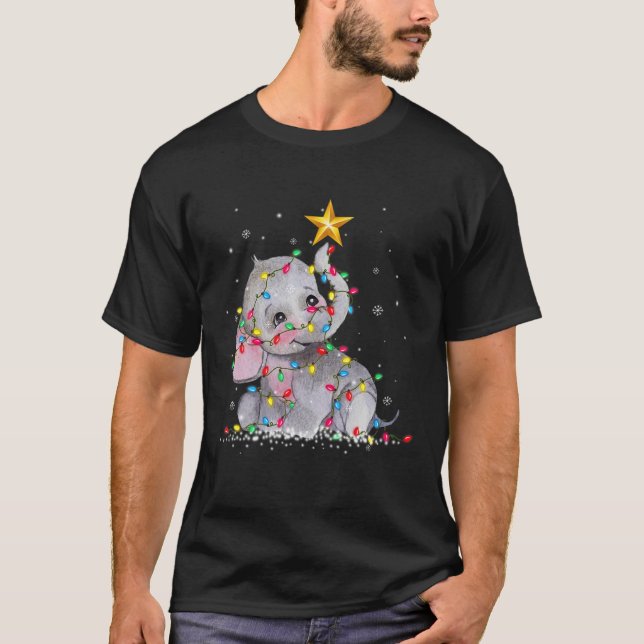 Elephant Reindeer Hat Santa Christmas Lights Funny T-Shirt (Front)