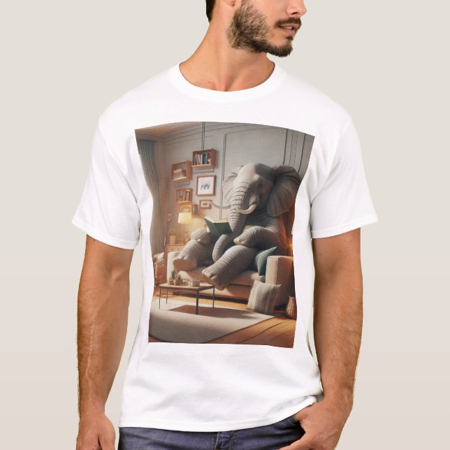  "Elephant Relaxing on a Sofa Reading a Book Desig T-Shirt (Front)
