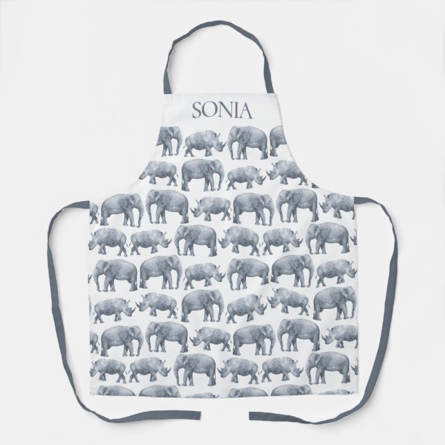 Elephant Rhino Watercolor pattern Apron (Front)