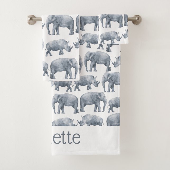 Elephant Rhino Watercolor pattern Bath Towel Set (Insitu)