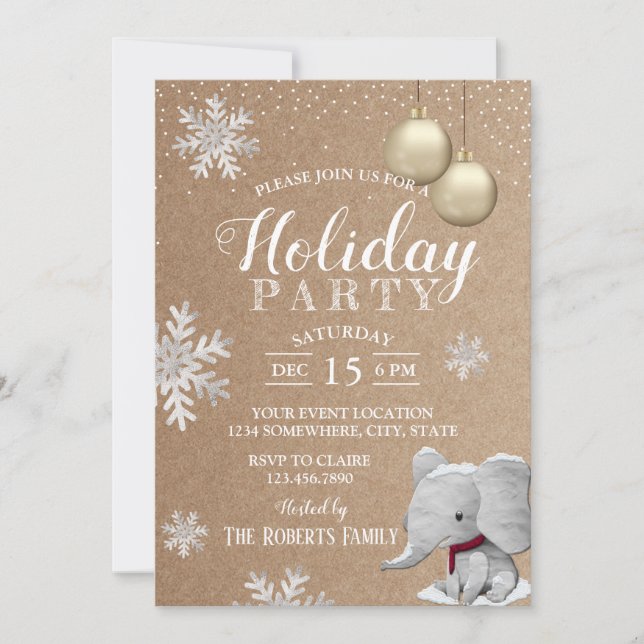 Elephant Rustic Winter Snowflakes Holiday Party Invitation (Front)
