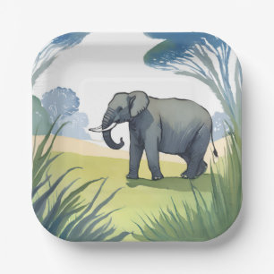 Elephant Safari   Beautiful Nature Watercolor  Paper Plate