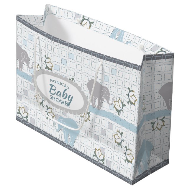 Elephant Safari Blue | Baby Shower Large Gift Bag (Front Angled)