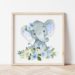 Elephant, Safari, Blue Flowers, Boy Nursery Photo Print