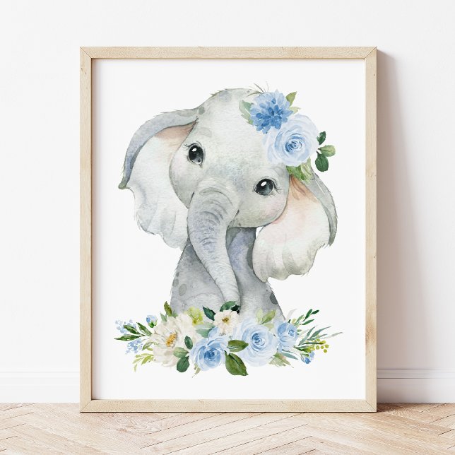 Elephant, Safari, Blue Flowers, Boy Nursery Photo Print (Creator Uploaded)