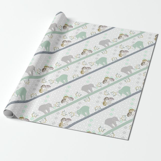 Elephant Safari Green | Baby Shower Wrapping Paper (Unrolled)