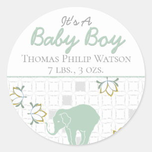 Elephant Safari Green Neutral Birth Announcement Classic Round Sticker