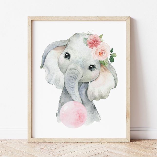 Elephant, Safari, Pink Bubble Gum, Girl Nursery Poster (Creator Uploaded)
