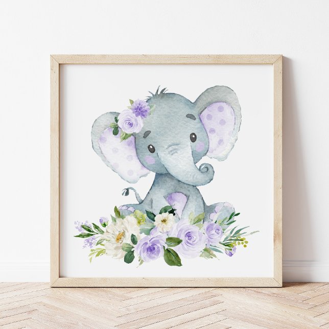 Elephant, Safari, Purple Flowers, Gender Neutral Poster (Creator Uploaded)