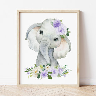 Elephant, Safari, Purple Flowers, Gender Neutral Poster