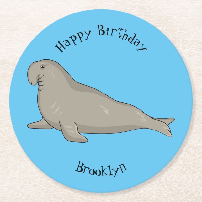 Elephant seal cartoon illustration round paper coaster (Front)