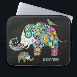 Elephant Shape Colourful Retro Flowers Laptop Sleeve<br><div class="desc">Colourful retro flowers in a shape on an elephant against black background. Baby elephant and the bird can be removed. Diamond texture and decorated with diamond studs(image not real diamonds). Available on other products.</div>