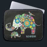 Elephant Shape Colourful Retro Flowers Laptop Sleeve<br><div class="desc">Colourful retro flowers in a shape on an elephant against black background. Baby elephant and the bird can be removed. Diamond texture and decorated with diamond studs(image not real diamonds). Available on other products.</div>