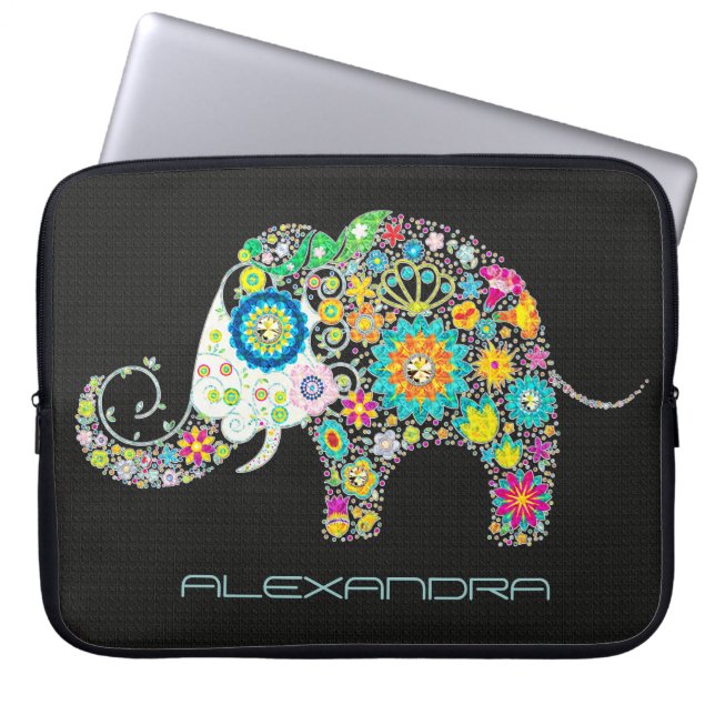 Elephant Shape Colourful Retro Flowers Laptop Sleeve (Front)