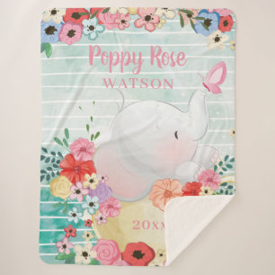 Elephant Sherpa Blanket with Flowers + Custom Name