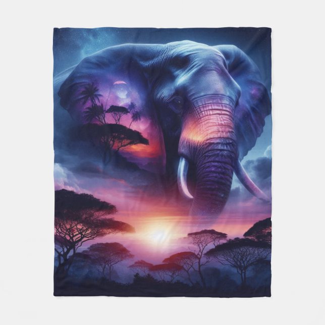 Elephant Silhouette at Sunset Fleece Blanket (Front)