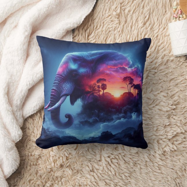 Elephant Silhouette Merged with Vibrant Sunset Cushion (Blanket)