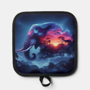 Elephant Silhouette Merged with Vibrant Sunset Pot Holder