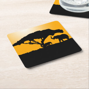 Elephant Silhouettes at Sunset Square Paper Coaster