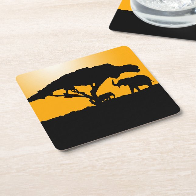 Elephant Silhouettes at Sunset Square Paper Coaster (Angled)